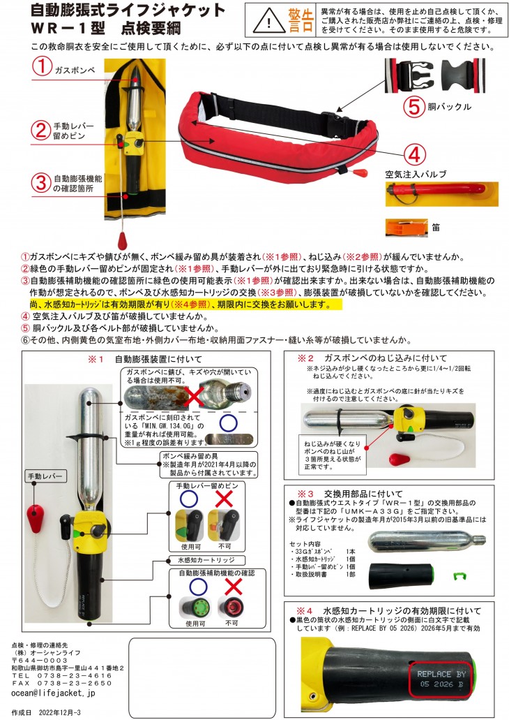 ウェスト（腰巻）タイプ ライフジャケット：WR-1型・WR-3型（膨張式